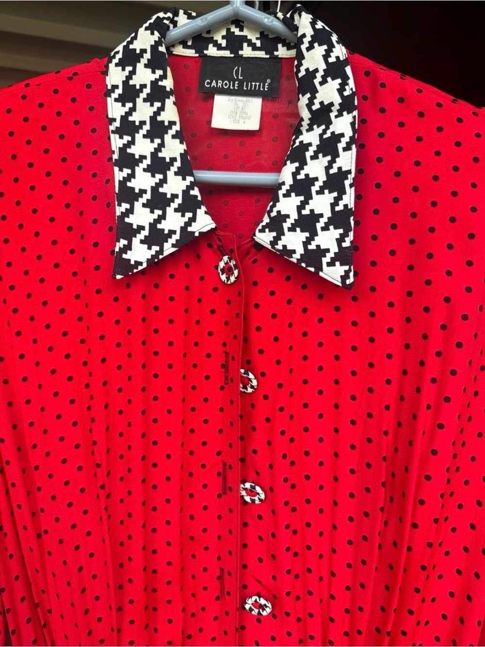 Caroline Little Red Polka Dot Midi Dress with Houndstooth Collar